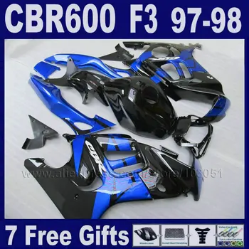 

fairings kits factory sapphire blue for Honda 1997 1998 CBR 600 F3 97 98 ABS plastic 7gifts Tank cover black fairing
