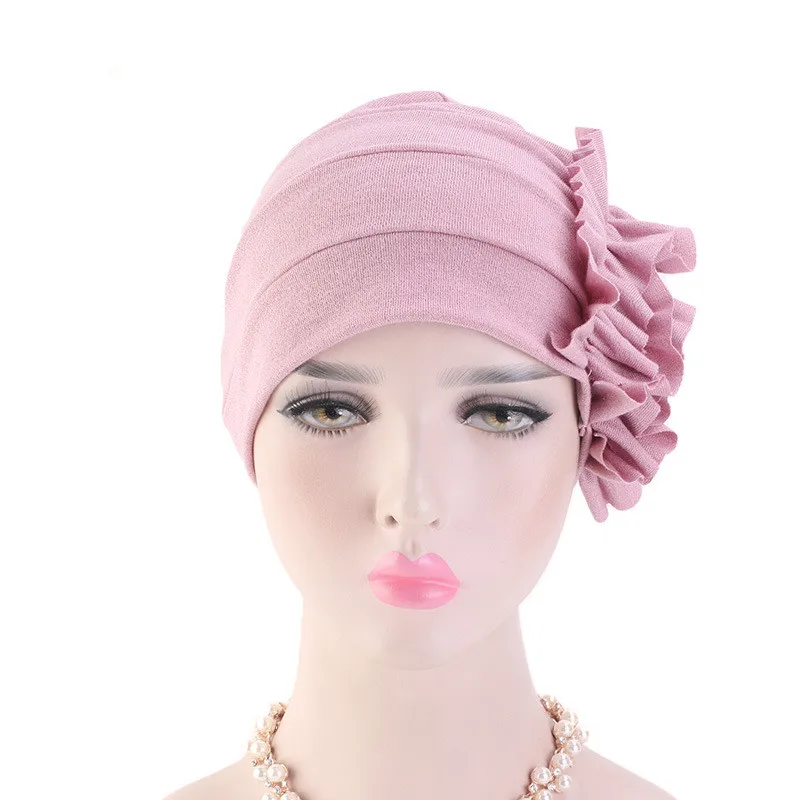 

2019 Muslim Cotton Flower Stretch Turban Ruffle Hair Hats Beanie Bandanas Scarf Head Wrap Headwear for Women 25