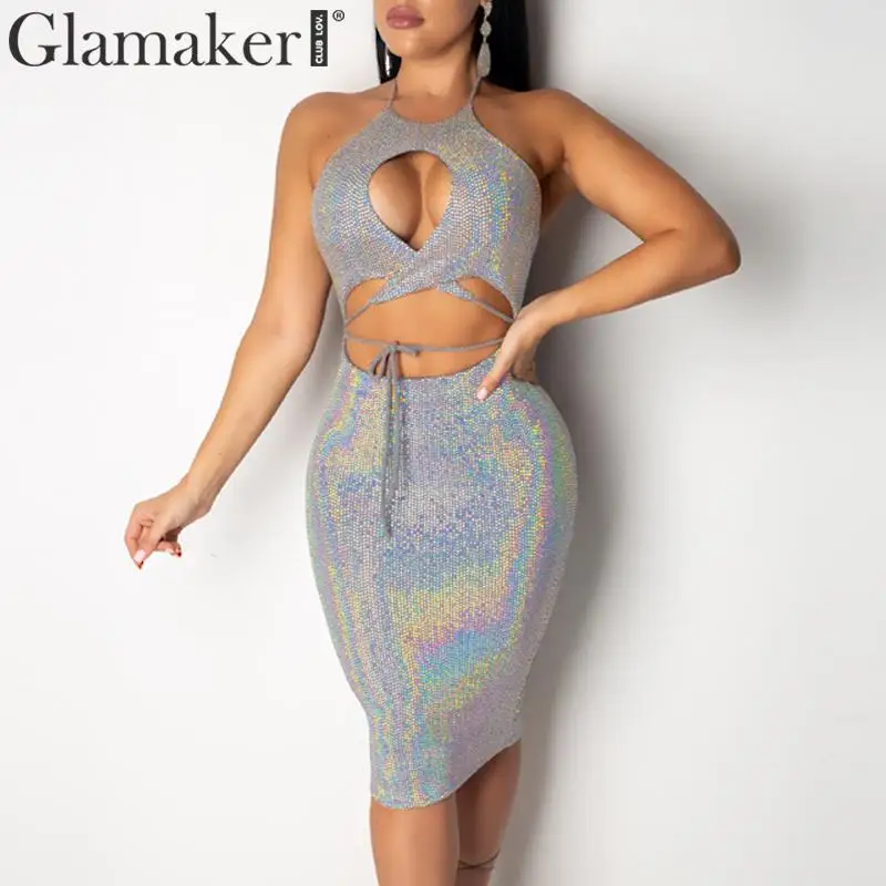 

Glamaker Halter bandage hollow out minidress Summer backless glitter fabric skinny party dress Bodycon lace up vintage vestidos