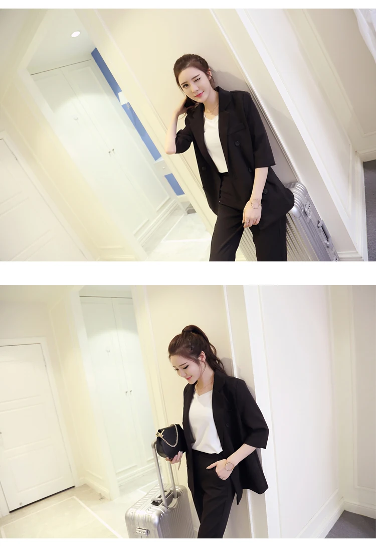 Осенний однотонный офисный женский тонкий элегантный черный Блейзер Куртка+ укороченные шаровары комплект из 2 предметов Лидер продаж S87441X
