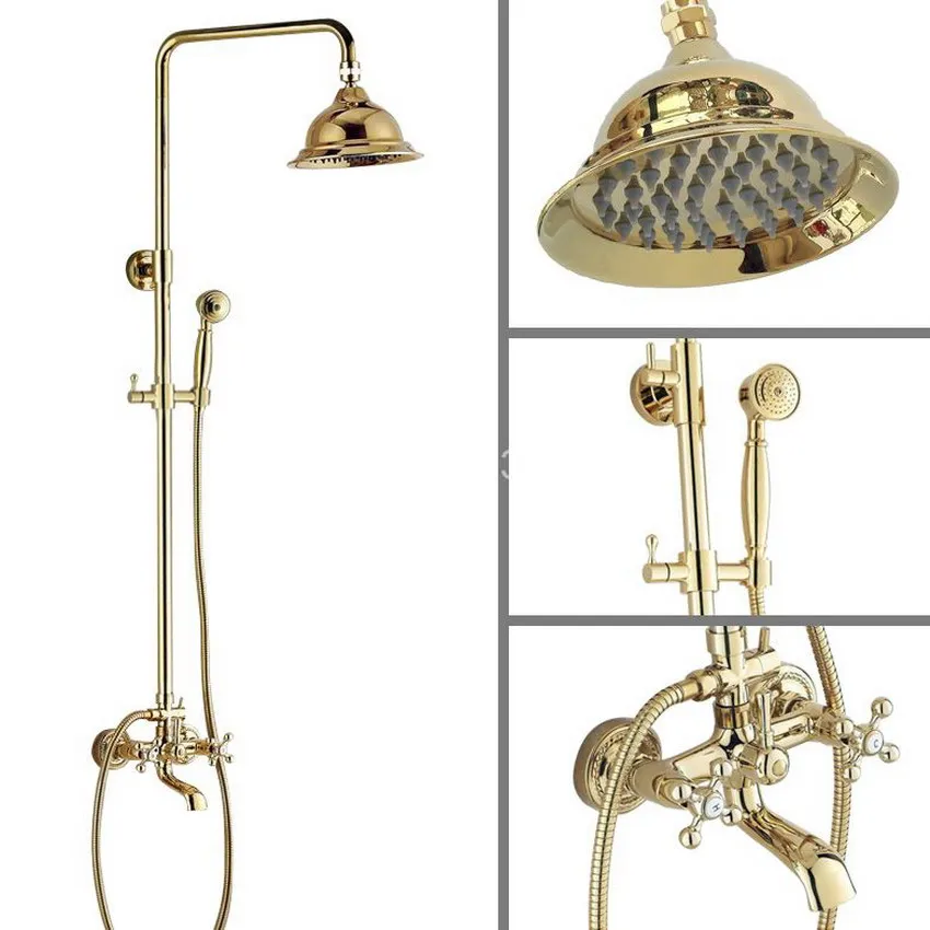 

Luxury Golden Polished Brass Wall Mounted Bathroom Rainfall Rain Shower Faucet Set Dual Cross Handles Bathtub Mixer Tap agf346