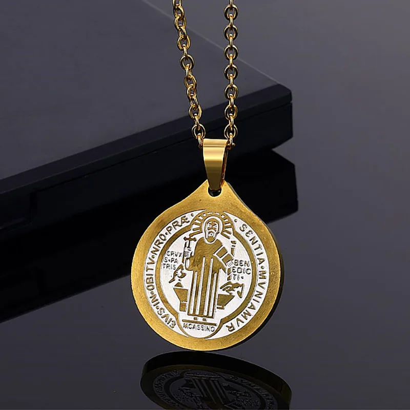 

San Benito Medal Pendant Necklace Stainless Steel Gold Color St. Benedict Religious Catholic Pendants for Men Women Jewelry