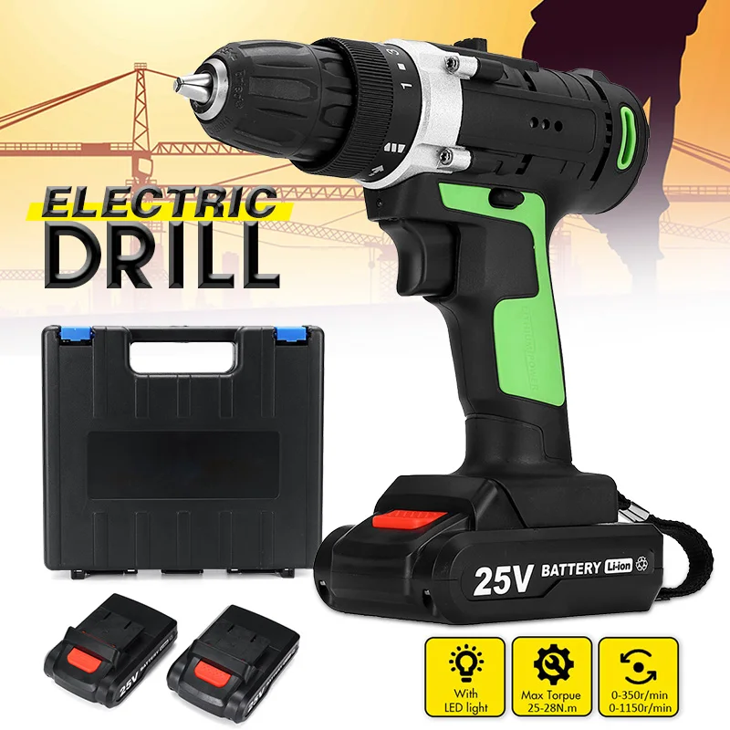 

25V High/Low 2-speed variable Torque Double Speed Brushless Cordless Electric Drill Screwdriver Hammer LED lighting 1500mAh