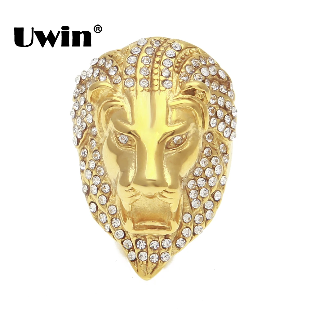 buy Uwin Punk Full Iced Out Rhinestones Roaring Lion King Mens Ring Gold Color 316L Stainless Steel Ring Hiphop Mens Fashion Jewelry