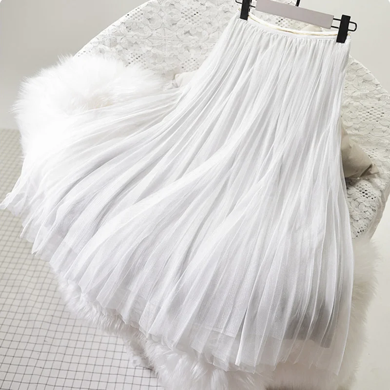 Qiuxuan, женские Сетчатые эластичные юбки с высокой талией, весенне-летняя плиссированная юбка с отделкой, Женская юбка миди, разноцветная - Цвет: White