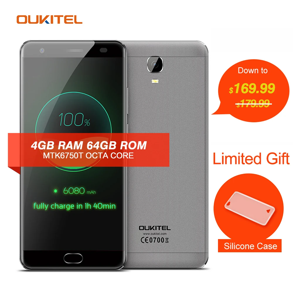 OUKITEL K6000 Plus Mobile Phone 5.5'' 4G Android 7.0 MTK6750T Octa Core 1.5GHz 4GB RAM 64GB ROM 8.0MP+16.0MP 6080mAh Smartphone