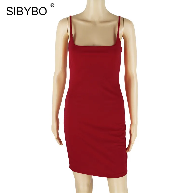 Sibybo Spaghetti Strap Backless Sexy Dress Summer Mini Sleeveless Bodycon Dress Women Hot Club Slim Short Party Dress Vestidos