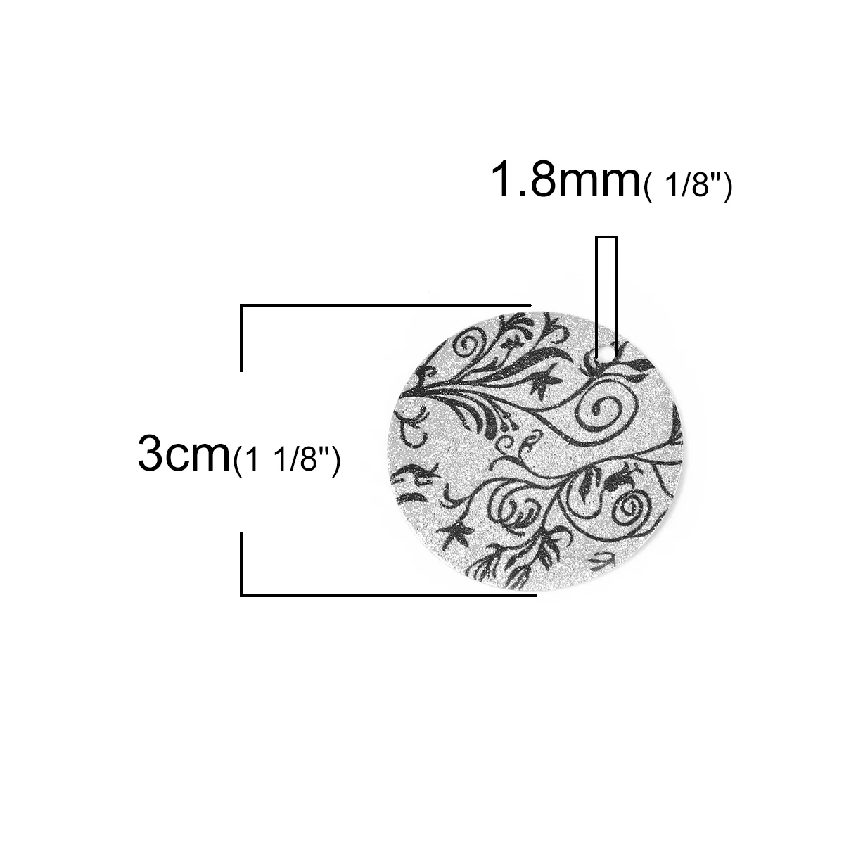 Сплав на железной основе Эмаль живопись Подвески Круглый Серебряный тон черный цветок лоза Sparkledust 30 мм(1 1/") Диаметр, 10 шт