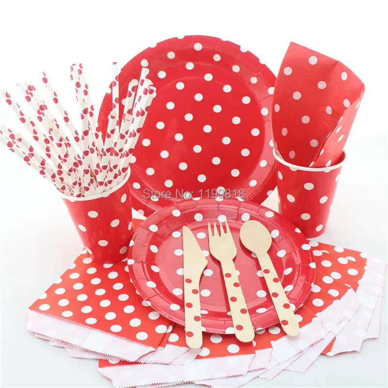 Red Polka Dot Plates Cups Napkins Bags Straws Disposable Paper