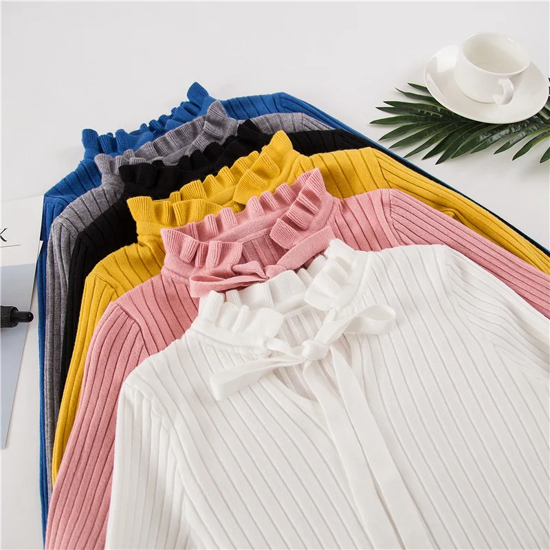 2019 Autumn Winter Knitted Sweater Pullover Pull Femme Cute Warm White Yellow Lace Up Ruffles Turtleneck Women Sweater Jumper