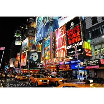 

New York Night View Photography Background Orange Taxis Shops On The Street With People Inside Backdrop For Photo Booth Props