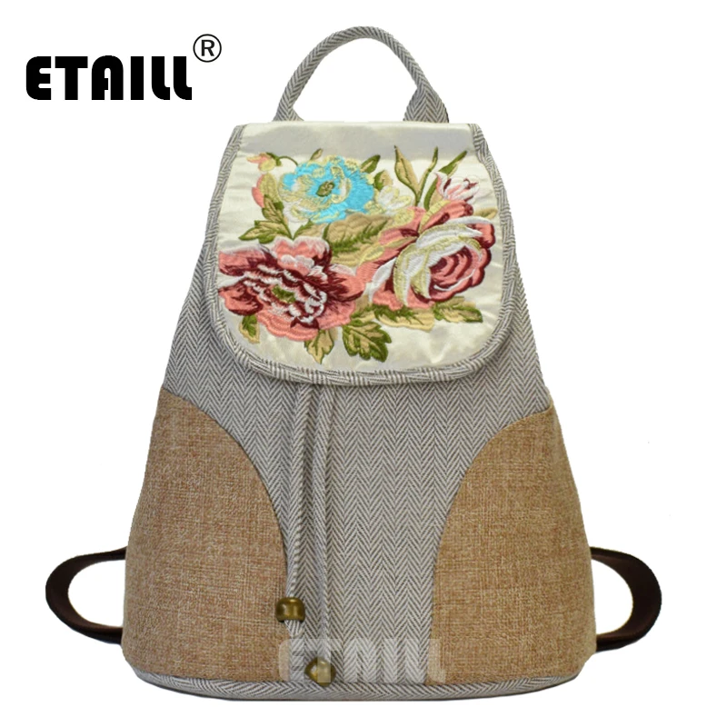 

ETAILL New Chinese Retro Style Women Canvas Backpack Back Bag Ethnic Flower Embroidered Drawstring Backpack for Teenager Girls