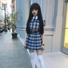 Новая весна лето Харадзюку Милая панк стиль Женская плиссированная тонкая черная с высокой талией Короткая юбка половина длины юбка