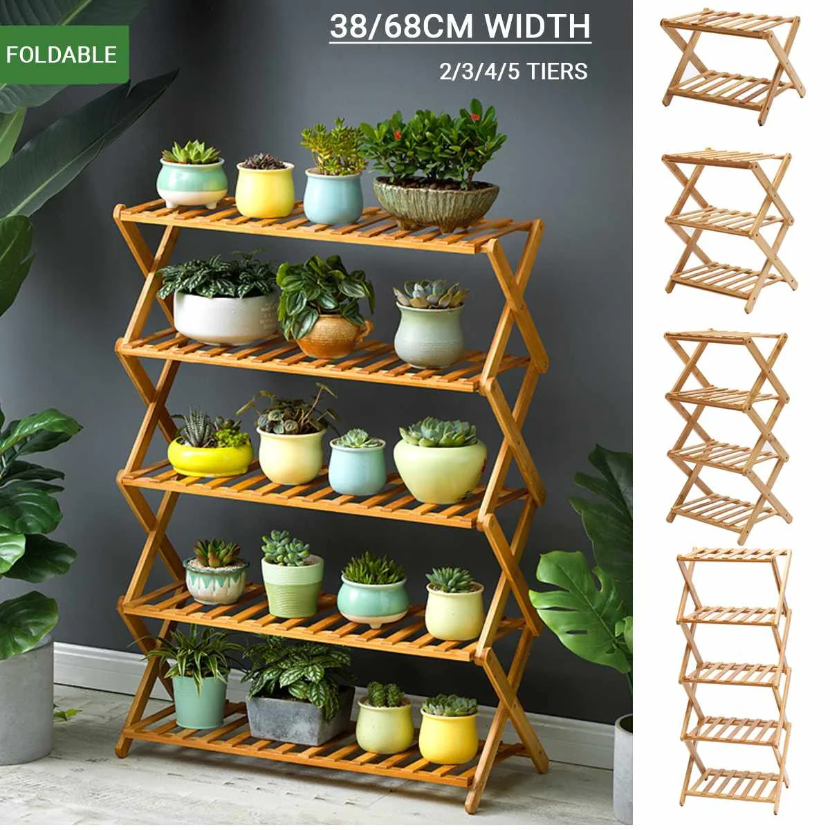 2/3/4/5 Tiers Foldable Natural Plant Stand Flower Pot Decor Shelf Garden Balcony Planter Flower Pot Tray Display Rack