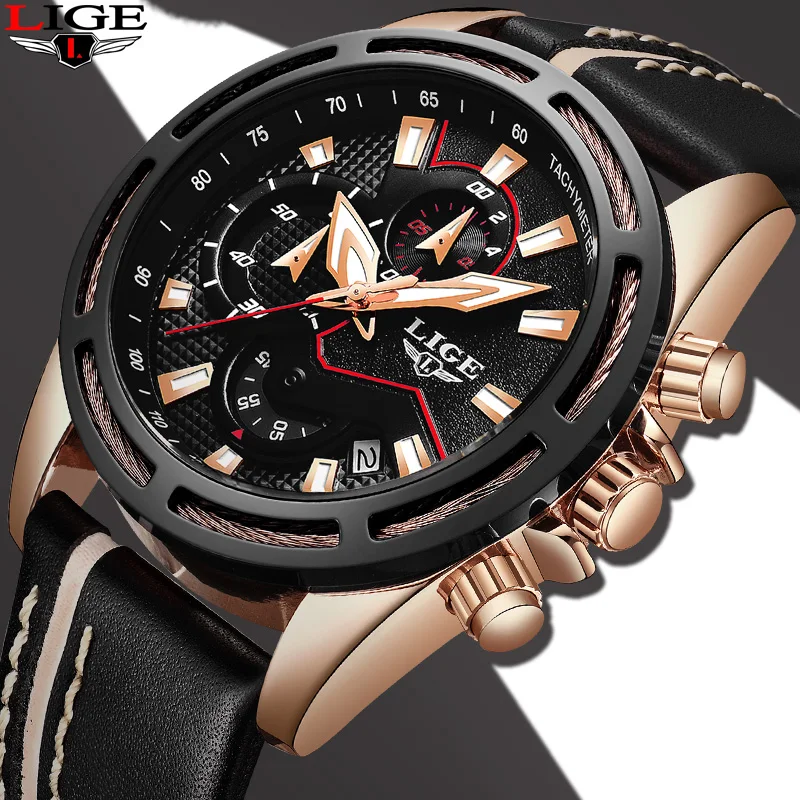 

2018 New Watch Fashion Brand LIGE Men Leather Business Date Chronograph Quartz-Watch Male Gift Quartz Clock Relogio Masculino