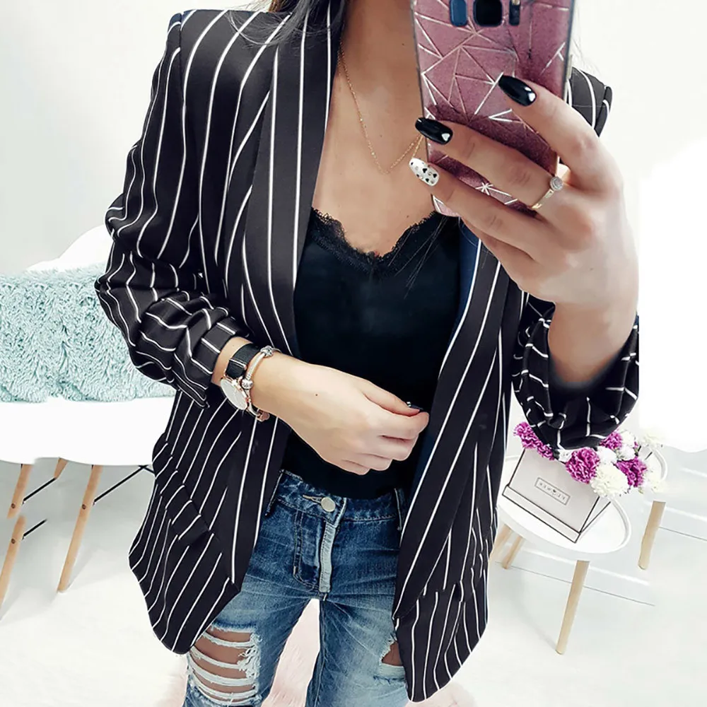 2018 Female New Fashion Stand Striped Coats Women Ladies Long Sleeve Striped Stylish Duster Jacket Coat high quality W510
