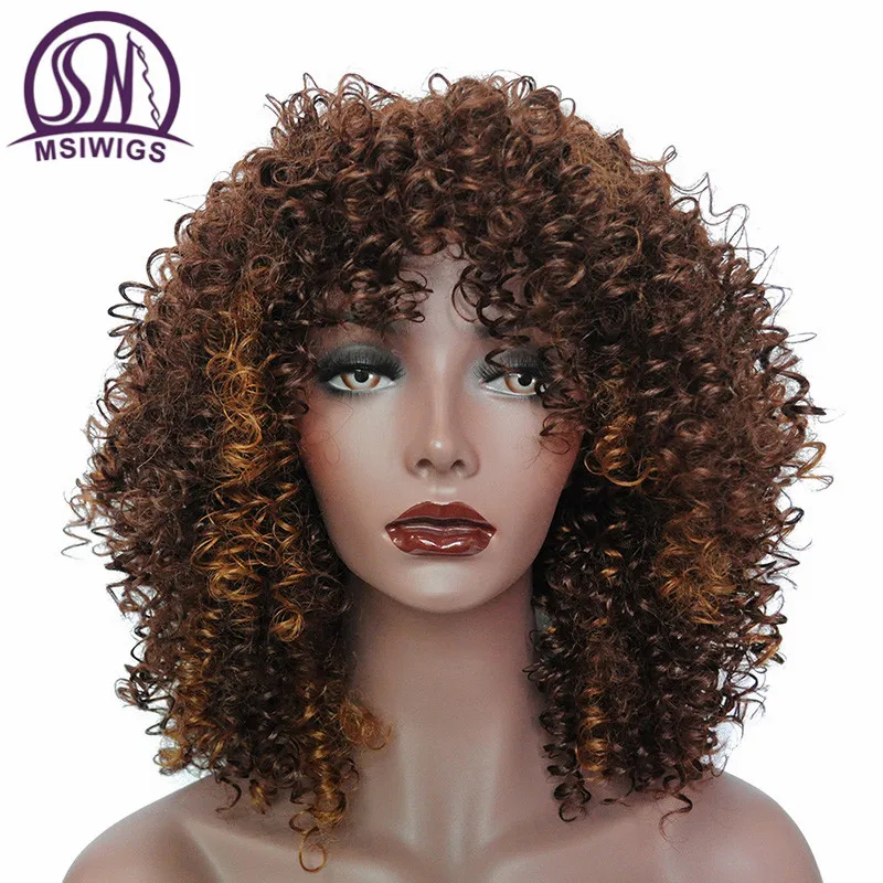 MSIWIGS Ombre короткий парик из черных кудрявых волос для женщин коричневый синтетический афро парик с челки термостойкие красные волосы