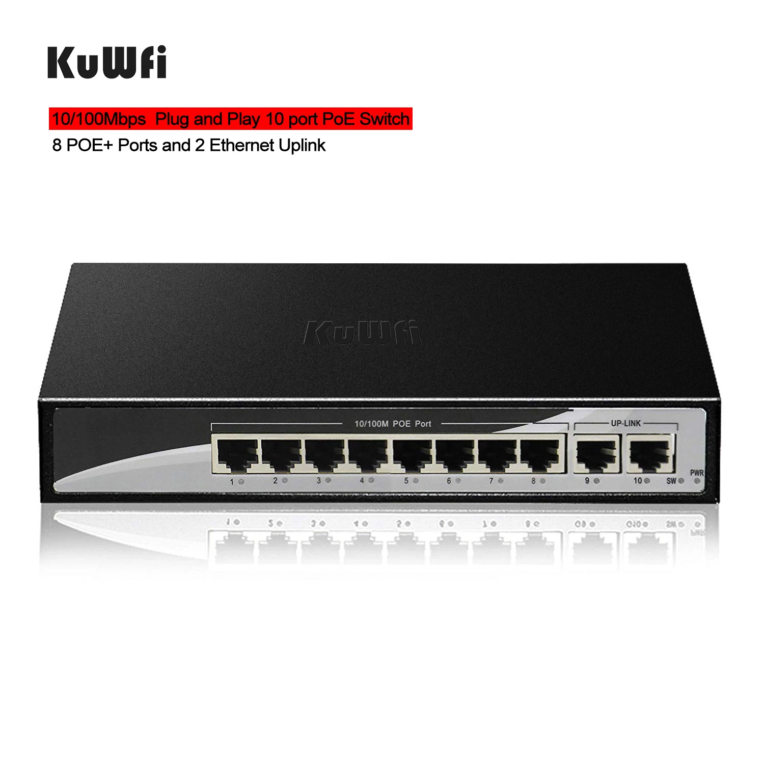 10 Port Plug and Play PoE Switch 100Mbps Ethernet Network Switch 8 POE Ports&2Uplink Ethernet for IP Cameras-48V