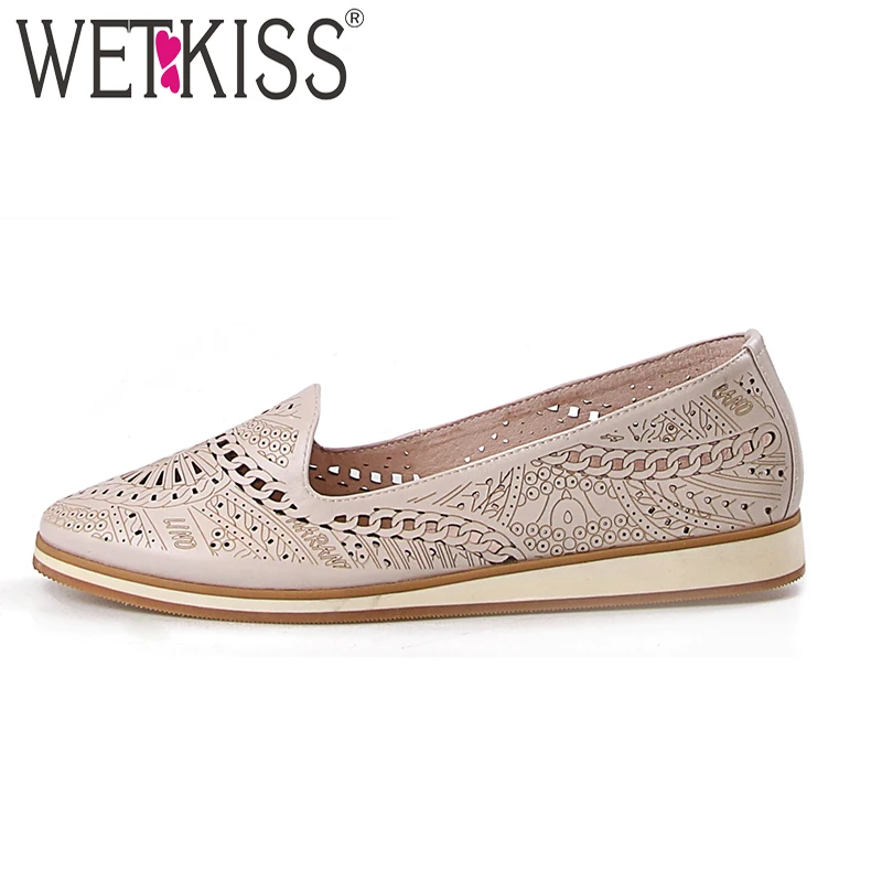 Semelle Véritable Apricot Dames Femmes Casual Chaussures Plate En 2018 Rond Automne Mode Bout Appartements Découpe Wetkiss Cuir Impression a0741
