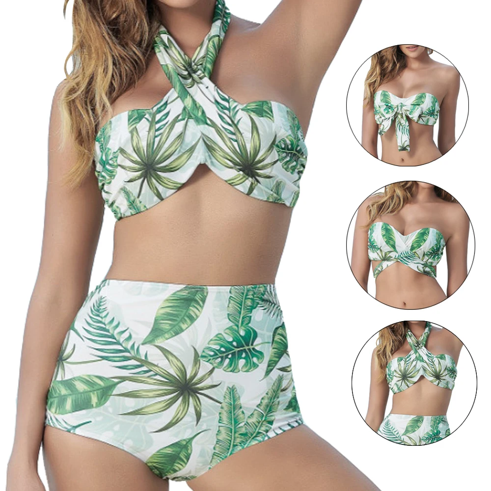 

High Waist Bikini Push Up Padded Underwire Swimsuit 2018 Summer Green Leaf Halter Top Swimming Suit Quick-Dry Bathing Suit