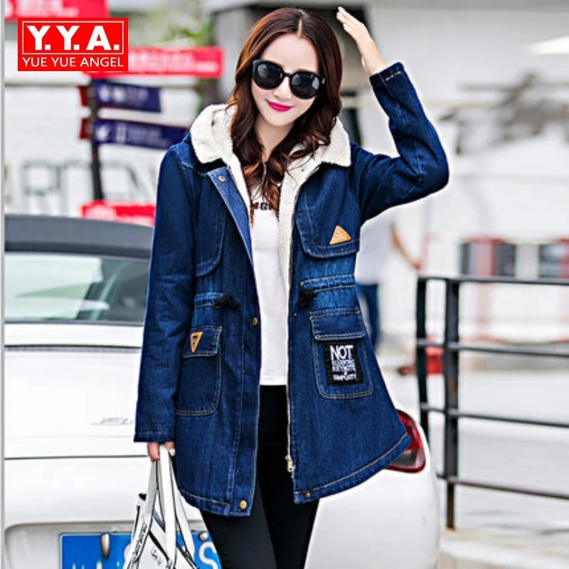 

2017 New Arrival Hot Sale Pockets Zipper Long Sleeve Coats Women Hooded Fur Lining Winter Jean Parkas Female Slim Fit Plus Size