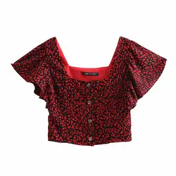 Винтаж пикантные Леопардовый оборками Короткие топы, женские блузки Мода 2019 г. квадратный воротник рубашки с короткими рукавами