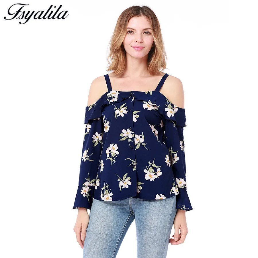 Chiffon Shirt Floral Blouse Cold Shoulder Long Sleeve