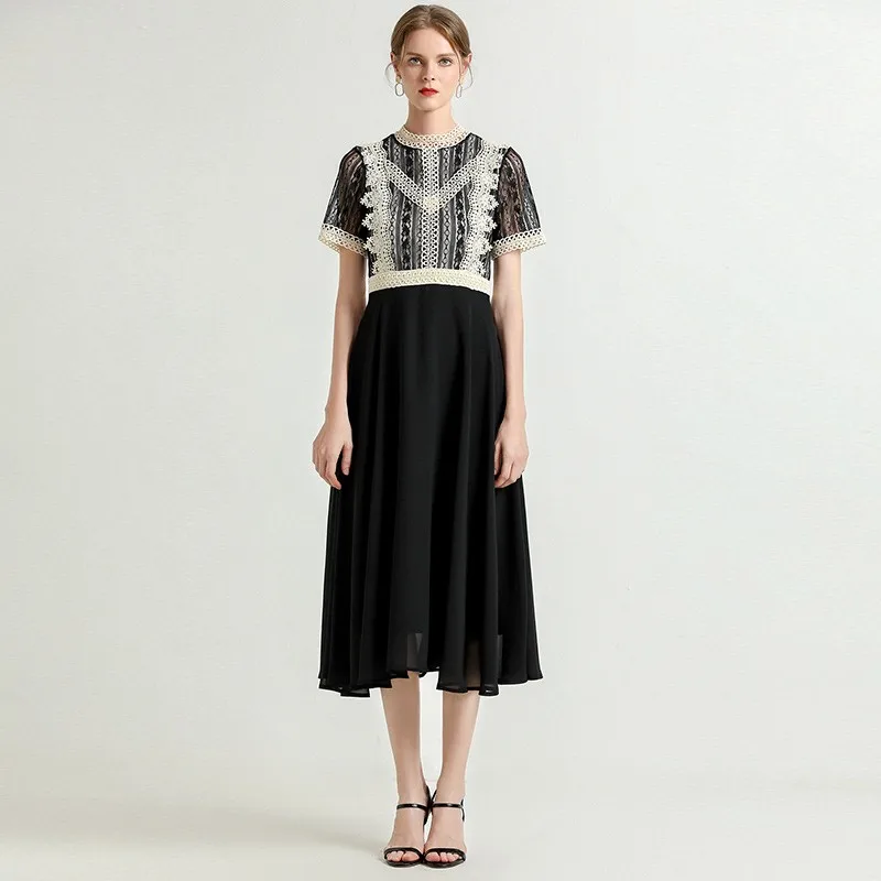 

2019 New Runway Autumn Elegant O-neck slim Lace dress high quality embroidery Hollow Out Mesh Patchwork dresses Vestido robe
