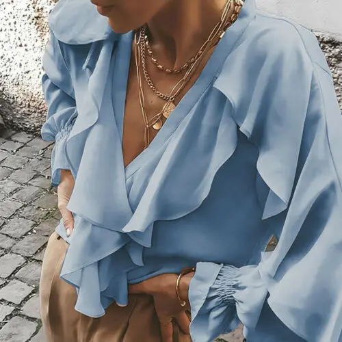Новая модная женская шифоновая блузка с v-образным вырезом и оборками, повседневные Элегантные рубашки OL