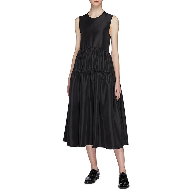 black TWOTWINSTYLE летнее однотонное женское платье без рукавов с круглым вырезом и открытыми плечами с открытой спиной, Бандажное платье с высокой талией и рюшами, женская мода - Цвет: black