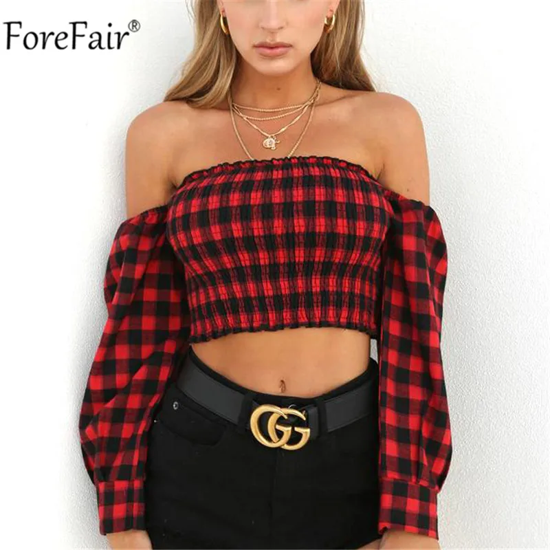 

ForeFair Long Sleeve Blouse Off Shoulder Top Summer Women Crop Top Plaid Backless Womens Blouses 2019 Streetwear Fashion