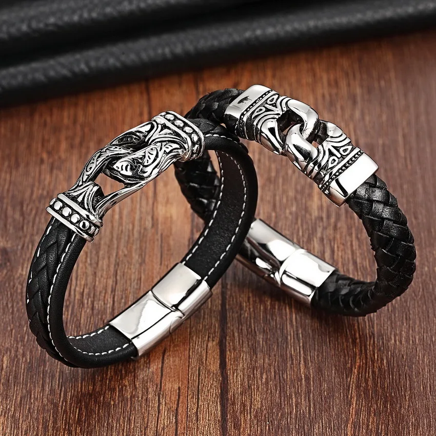 XQNI Charm Leather Bracelet For Women Stainless Steel 19cm,21cm size Genuine Leather Bracelets & Bangles Men Jewelry Leather