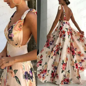 

Hot Sales Women's Boho Floral V-Neck Long Maxi Dress Ladies Party Evening Backless Summer Beach Sundress