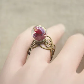 

Red Rose Real Flower Glass Ball Heart Copper Resizable Wedding Rings For Women Jewelry Boho Vintage Ladies Love Romantic