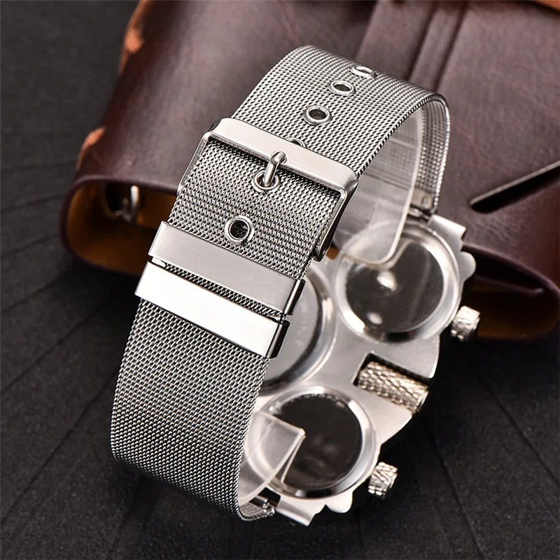 Oulm Multiple Time Zone Watch Man Mesh Steel Strap Alloy Case Three Different Time Sport Watches Men Luxury Brand Wristwatch