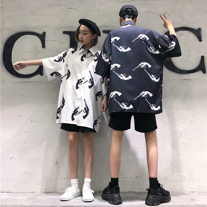  Lychee Girls Harajuku Gun Print Female Blouse Turn Down Collar Short Sleeve Loose Spring Summer Sin