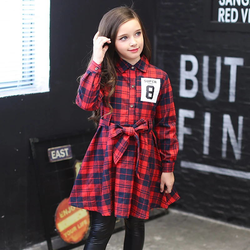 

kids girls plaid dress long sleeve dress spring 2018 big girls autumn clothes child dresses size 4 5 6 7 8 9 10 11 12 13 14 15Y