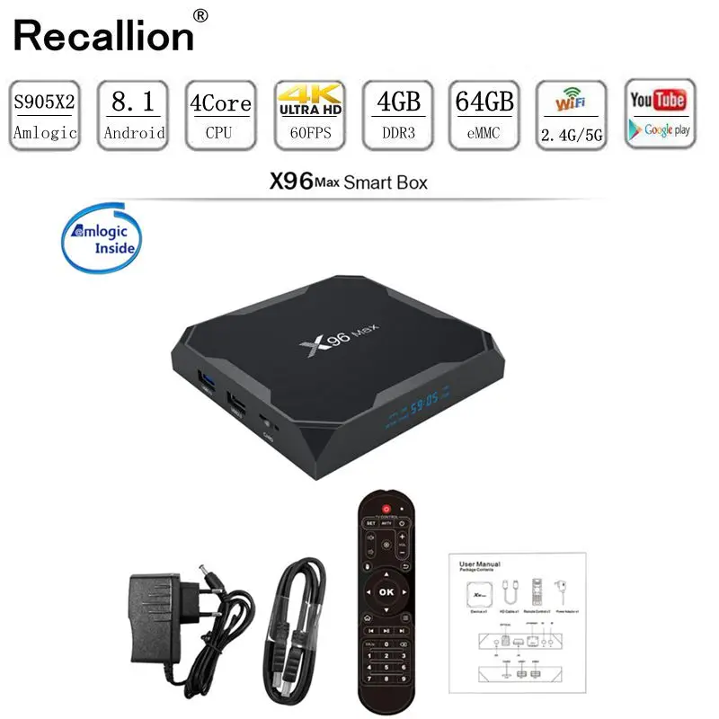 

X96Max RECALLION TV BOX Android 8.1 Amlogic S905X2 Quad Core 2GB/4GB 32GB 64GB 2.4G&5GHz Wifi BT 1000M 4K Set top box X96 Max X2