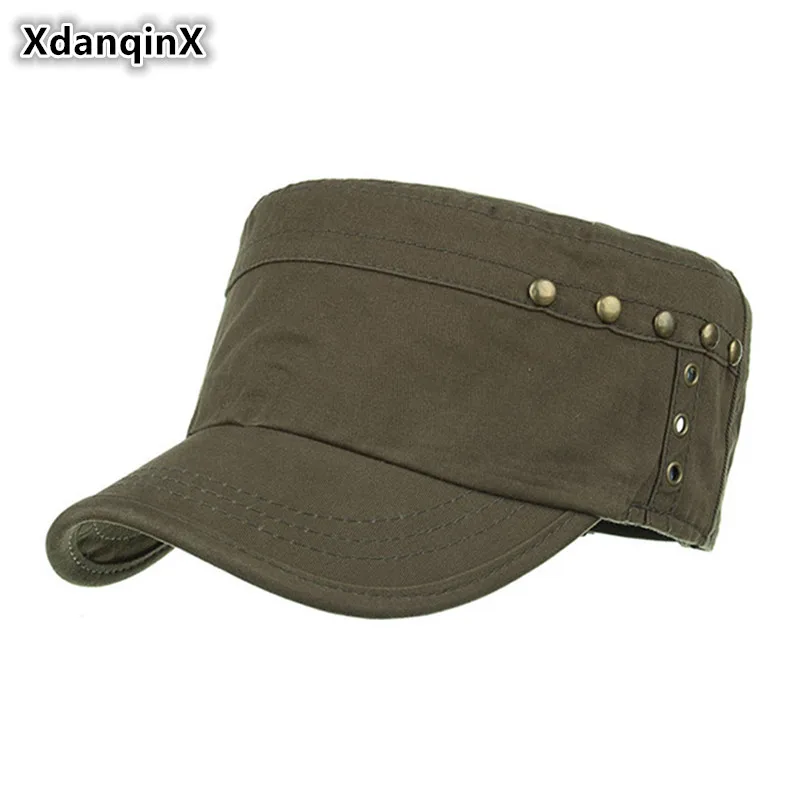 

XdanqinX 2019 New Style Men's Cotton Military Hats Rivet Breathable Flat Top Cap Adjustable Size Casual Male Hat Dad's Caps