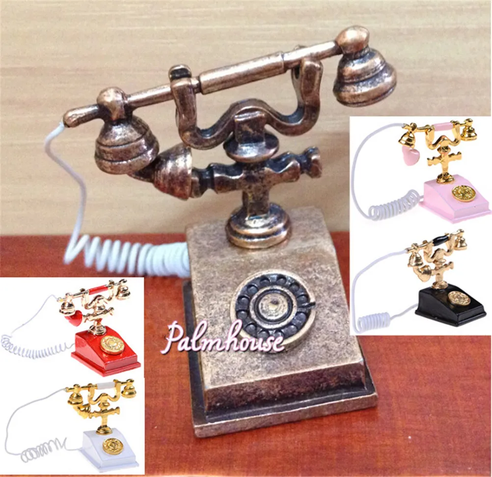 Doll House Furniture Miniature Retro Phone Vintage Telephone White and Gold 1/12