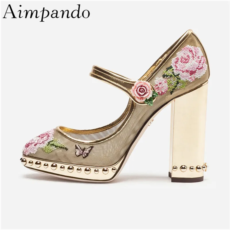 

Sexy 2019 Embroidery Air Mesh Sandalias Mujer Chunky Heel Round Toe With Rivet Flower Belt Netted Bridal Wedding Shoes Woman