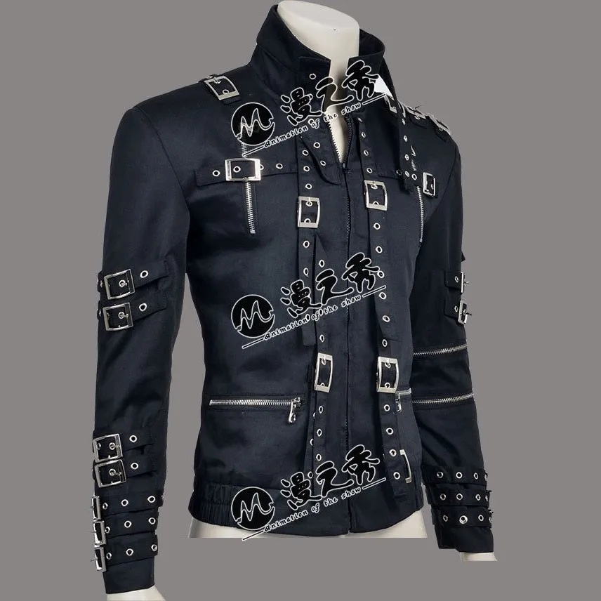 Rare MJ Michael Jackson Punk Rock Style BAD Tour Black Cotton & Leather Rivet Slim Zipper Jacket Outwear