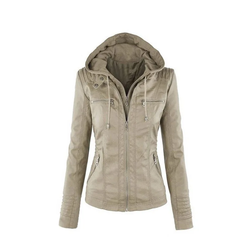 

Women Autumn Winter Slim Fit Leather Jacket Solid Color Zipper Hooded Coat KS-shipping
