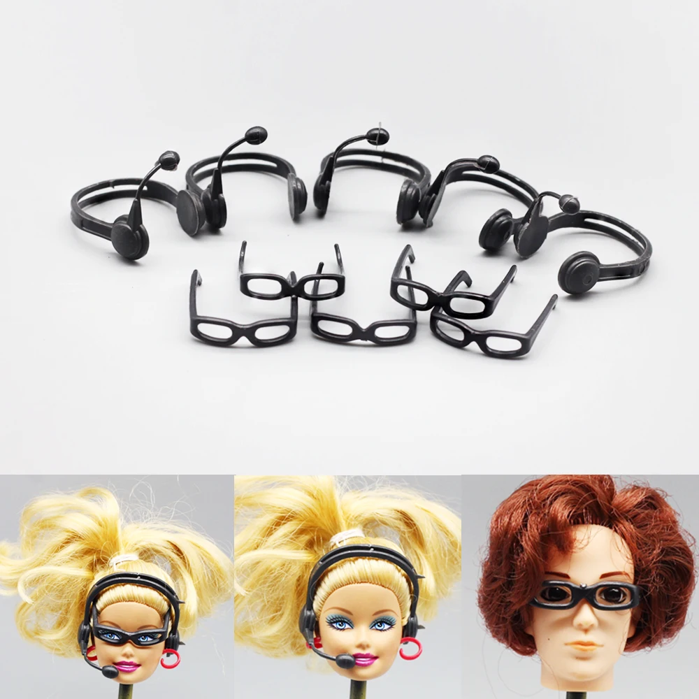 10pcs lot Fashion Plastic Headset microphone With glasses accessory For barbie doll Accessories Glasses Earphone Best