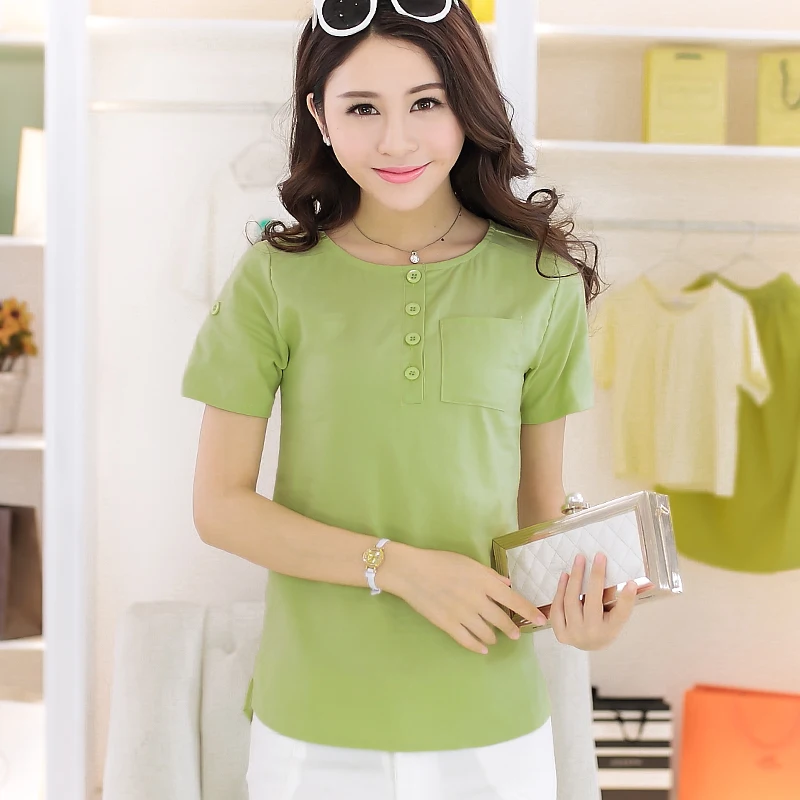 

2019 Summer Blouse Women Short Sleeve Shirt O-neck Lady Tops Elegant Cotton Linen Blusas Solid Irregular Green Button Pocket H1