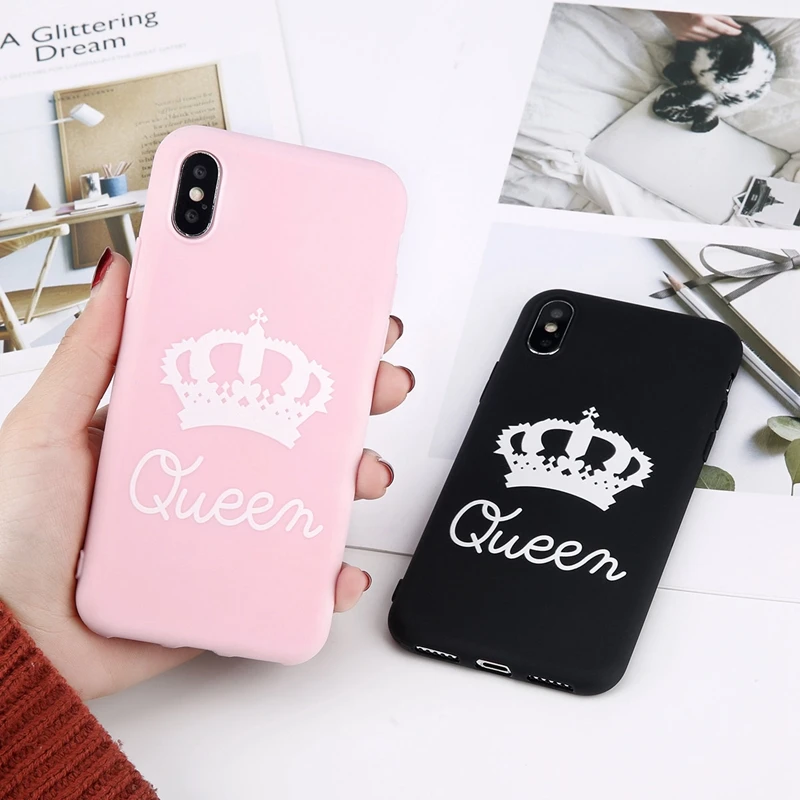 Матовый чехол для телефона с короной для iPhone 11 Pro Max XS Max X XR King queen чехол s 7 6 6s 8 Plus сплошной карамельный цвет Мягкий ТПУ полный Чехол