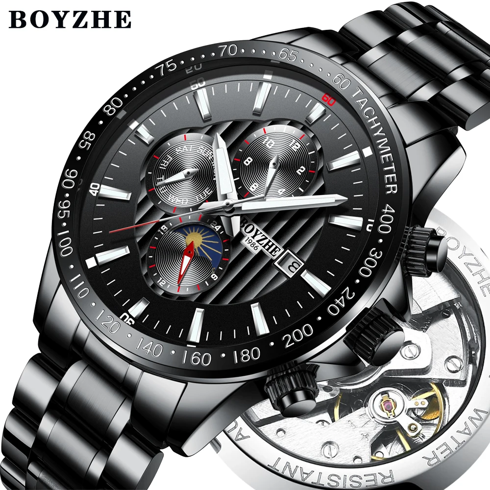 

BOYZHE Men New Automatic Mechanical Watch Stainless Steel Fashion Casual Luxury Brand Luminous Sports Watches Relogio Masculino