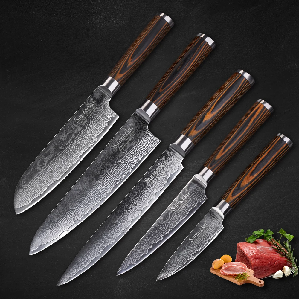 

SUNNECKO 5PCS Kitchen Knives Set Damascus Steel Utility Paring Chef Knife Japanese VG10 Pakka Wood Handle Slicing Santoku Knives