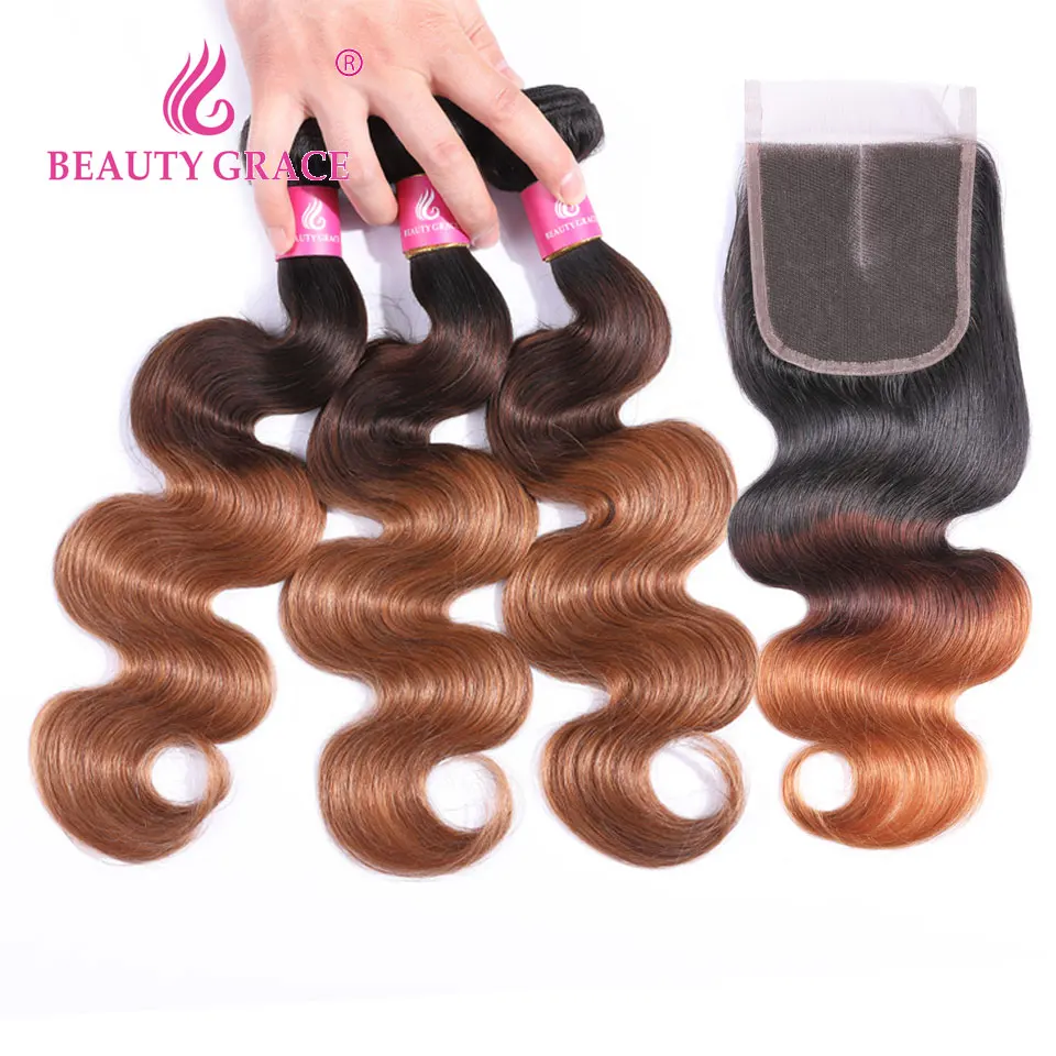 Ombre Body Wave Human Hair Bundles With Lace Closure Blonde