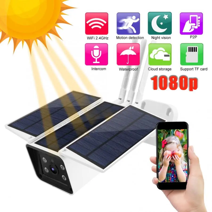 

4mm 1920 * 1080 Outdoor Folding Solar Power Panel Wifi Security Night View Waterproof IP67 Camera